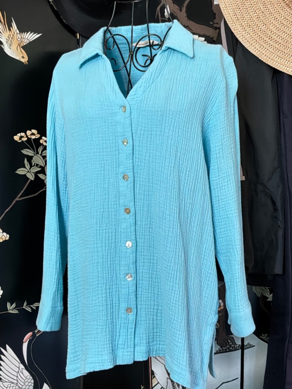 Soft Surroundings Escambia Crinkle Cotton Gauze Tunic Shirt -Turquoise Blue - Ps